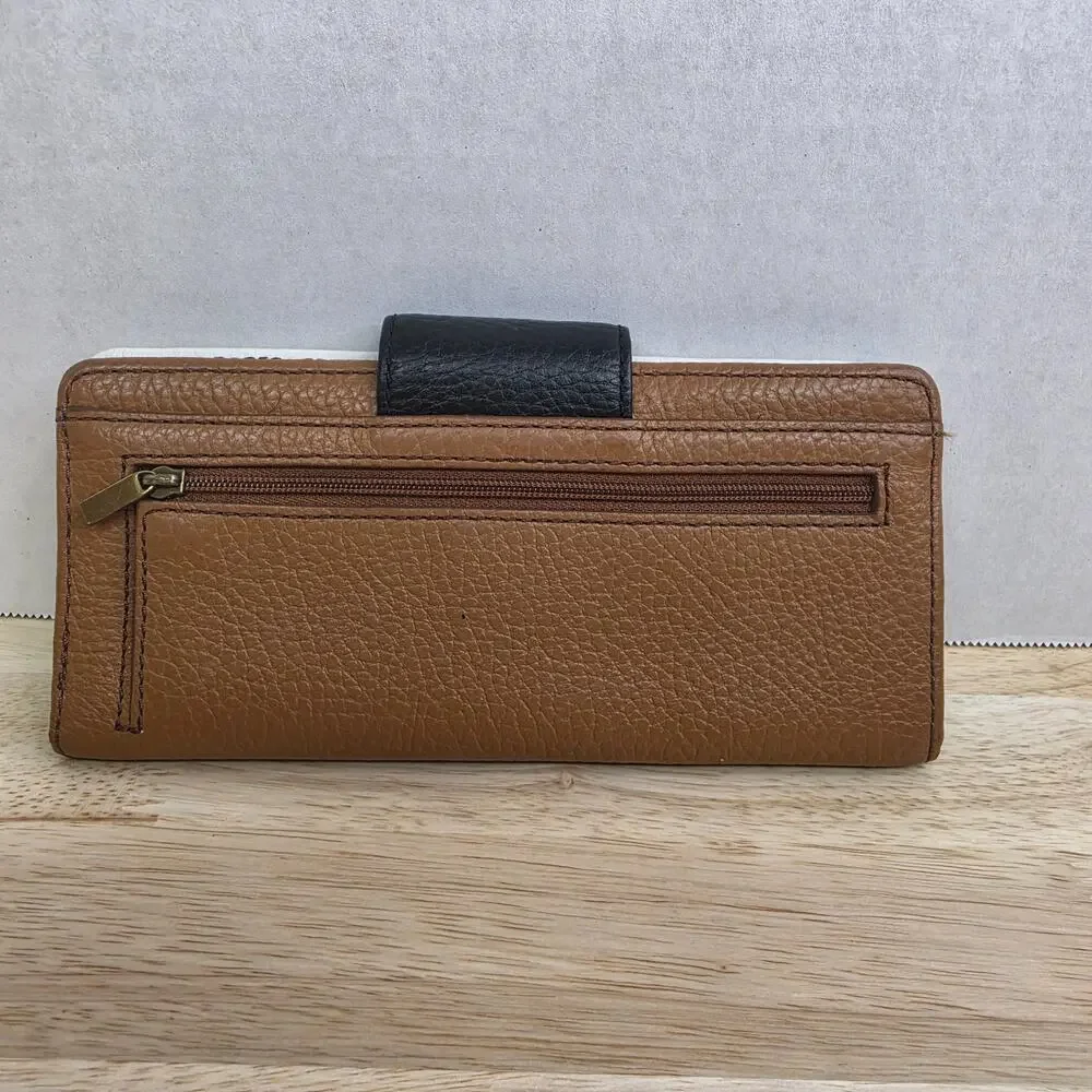 Fossil Colorblock Leather Bifold Wallet Trifold Organizer Brown Tan Black 8x3.5
